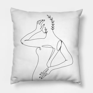 Minimal Woman line art. Woman body with branch of leaves. Pillow