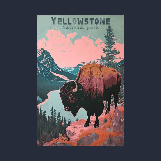 Yellowstone National Park Buffalo Vintage Travel Poster by GreenMary Design