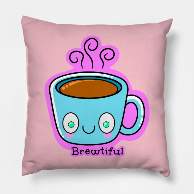 Brewtiful - Smiling Coffee Cup Pillow by RD Doodles