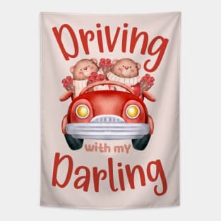 Driving with My Darling - Cute Bear Valentines Couples Red Tapestry