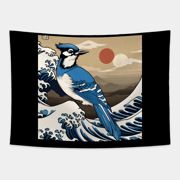 Vintage Blue Jay Bird in Sunset with The Great Wave Bird Watching Dad Tapestry by wigobun