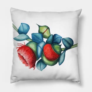 exotic red eucalyptus flower with blue green leaves Pillow