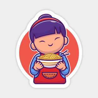 Cute Asian Girl Holding Noodle Cartoon Magnet