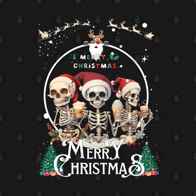 Christmas Skeleton With Smiling Skull Drinking Coffee Latte by WOLVES STORE