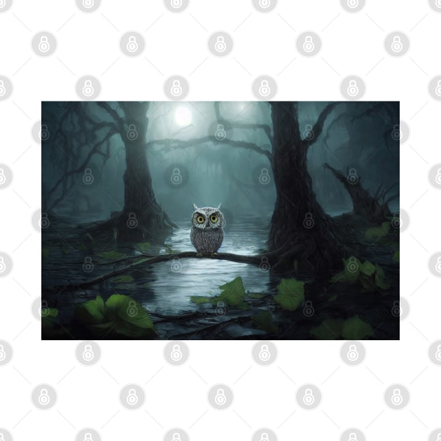 Mystical owl sitting on branch at dark forest by DyeruArt