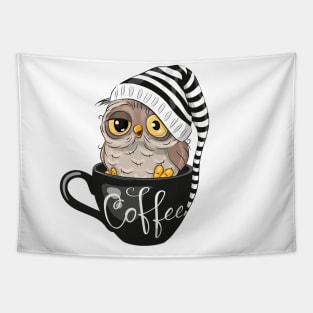 A cute sleepy owl with a nightcap sits in a cup labeled coffee Tapestry