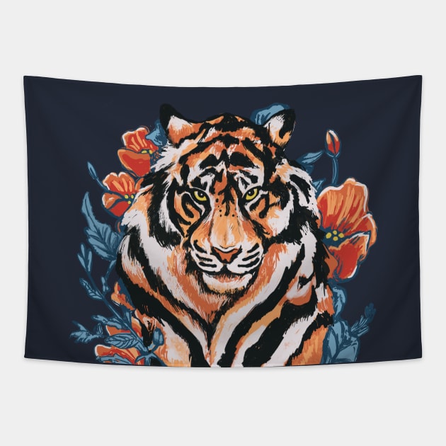 Tiger with Peonies by Cindy Rose Studio Tapestry by cindyrosestudio