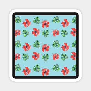 Red Hibiscus and Monstera Pattern with a blue background Magnet