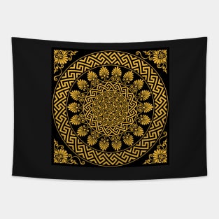 Gold and Black circular Greek ornament Tapestry