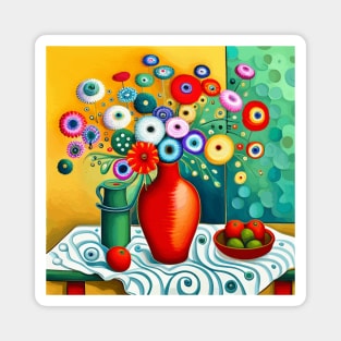 Cute Abstract Flowers in a Red Vase Still Life Painting Magnet