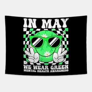 In May We Wear Green Mental Health Awareness Groovy Smile Tapestry