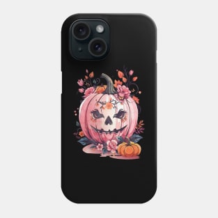 Pink Pumpkin face, with floral and orange flowers, cute Halloween Phone Case