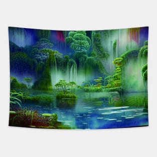 Magical Blue Landscape Painting with Peaceful Illustrations Tapestry