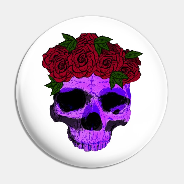 Purple Skull with a Crown of Roses Pin by galaxieartshop