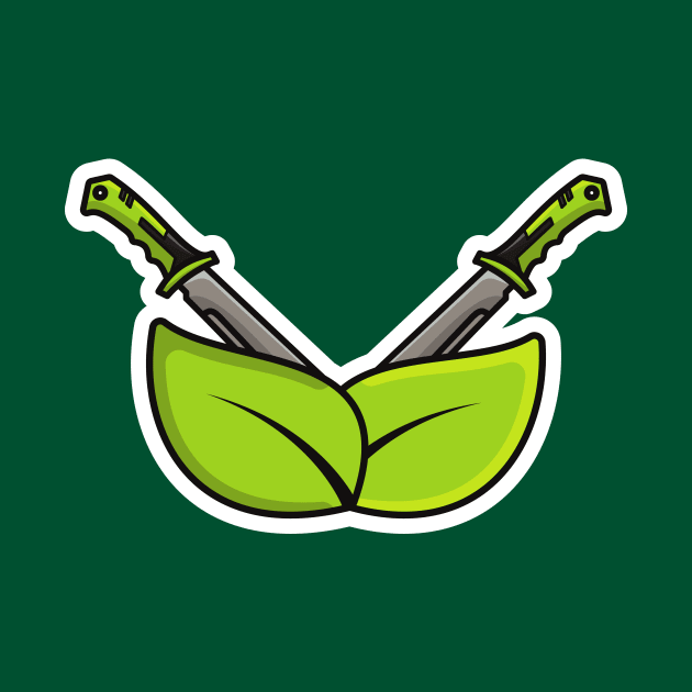 Metal Swords In Cross Sign with Herbal Green Leaves Sticker design vector illustration. Holiday object icon concept. Sword leaf nature environment logo icon. Metal swords for game Sticker design. by AlviStudio