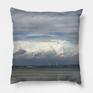 Relaxing view on Baltic seascape with thick cumulus cloud horizon and two power wind turbines in background Pillow