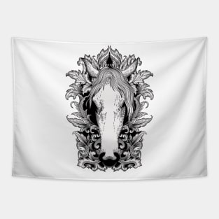 White Horse In Floral Victorian (Black) Tapestry