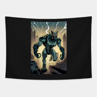 Monster giant robot cyborg dog attacking the city Tapestry