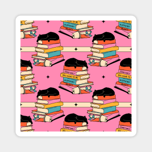 Books and Plant Black Cat Pattern in pink Magnet