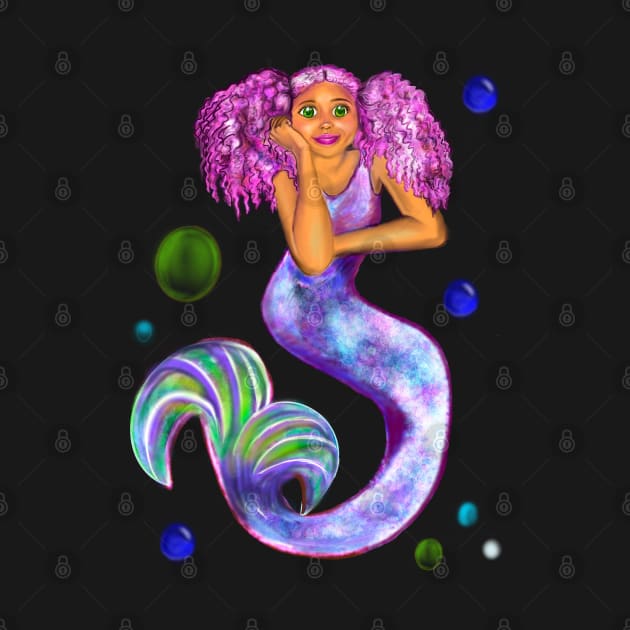 Magical rainbow mermaid with green eyes, pink hair and caramel brown skin by Artonmytee