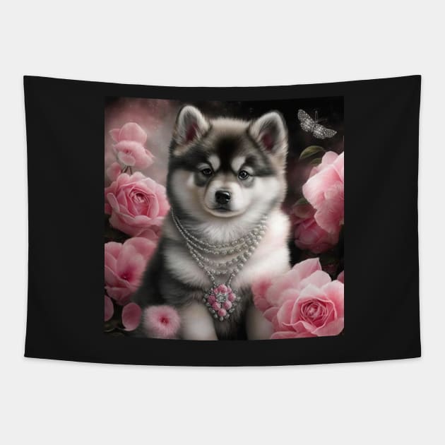 Pomsky With Roses Tapestry by Enchanted Reverie