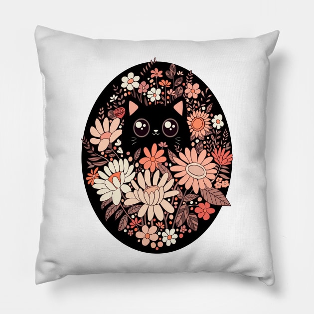 Cute black cat with flowers Pillow by Yarafantasyart