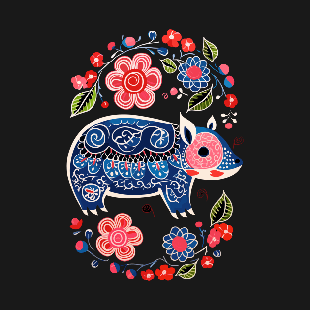 Polish Folk Art Design Cute Pig With Flowers by Piggy Boxer