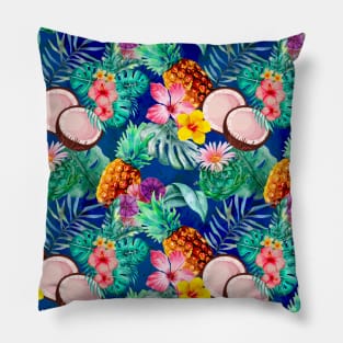 tropical pineapple exotic botanical illustration with floral tropical fruits,botanical pattern, blue fruit pattern over a Pillow