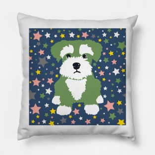 Green Miniature Schnauzer and Stars on Blue Background Pillow