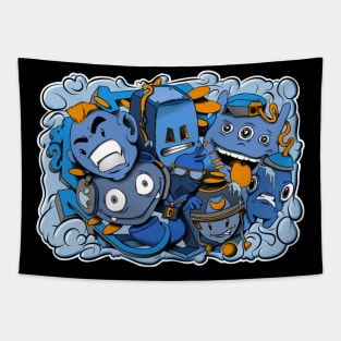 Blue and yellow graffiti cartoon characters Tapestry