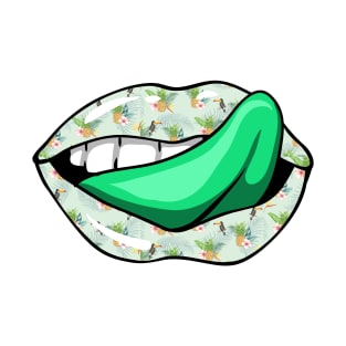 Artistic Abstract  Tropical Green Pattern Lips  with Green  Tongue - by Iskybibblle T-Shirt