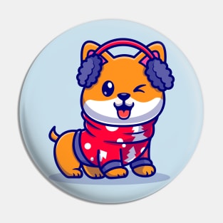 Cute Shiba Inu Dog In Winter Season Cartoon Pin