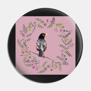 American Robin with Flower Wreath and violet background Pin