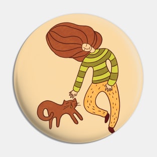 Cool girl with brown hair and brown cat walking, version 6 Pin