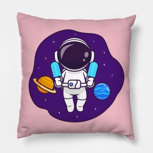 Cute Astronaut Floating In Space With Popsicle Ice Cream Cartoon Pillow