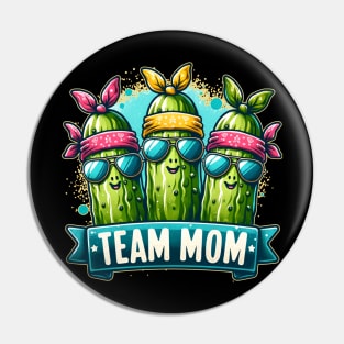 Team Mom, happy pickle team with bandana and sunglasses , funny pickleball Pin
