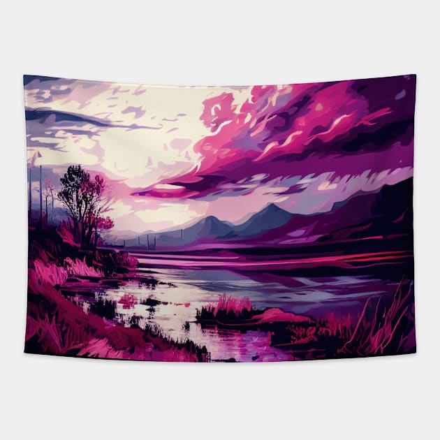 Pink Lake with Clouds Tapestry by The Art Mage