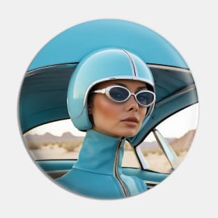 60s Retro Futuristic Woman in Blue in the Desert Pin