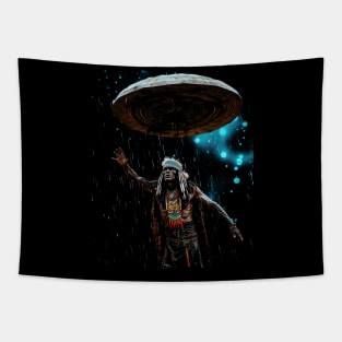 Trippy Native American UFO Alien Mushroom Meditation 3 Tapestry