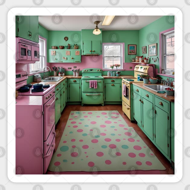 A Vintage Retro Kitchen With Pastel-Colored Appliances And A Refrigerator  Ai Generated Art