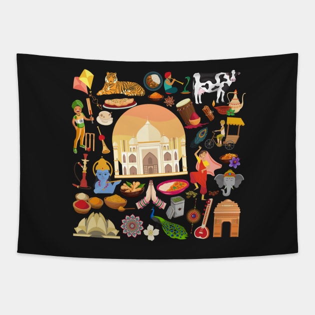 India Travel Icons Tapestry by FancyPlanet