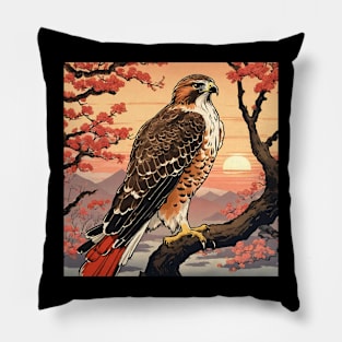 Red Tailed Hawk in Sunset with Flower Blossoms Pillow