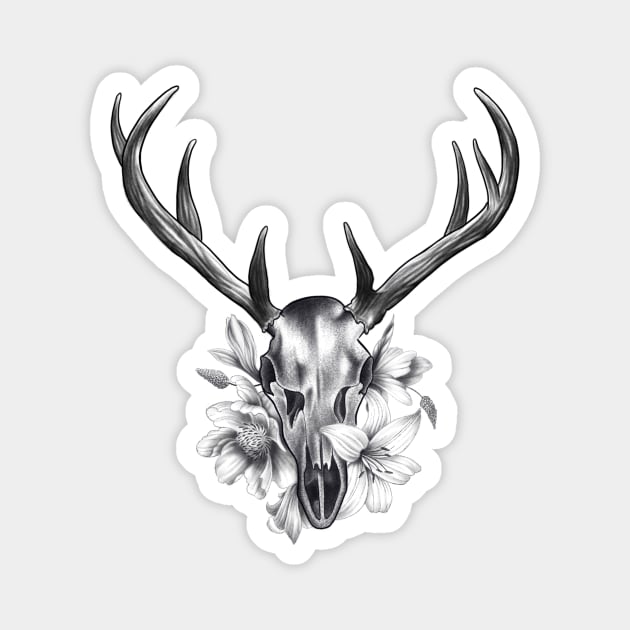 Deer Skull with Antlers in a Bed of Flowers and Lilys Magnet by Tred85