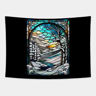 Stained Glass Window Snowy Winter Scene Tapestry