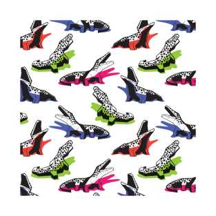 Neon geo crocodiles // pattern // white background black and white geometric animals green fuchsia pink blue and orange shadows T-Shirt