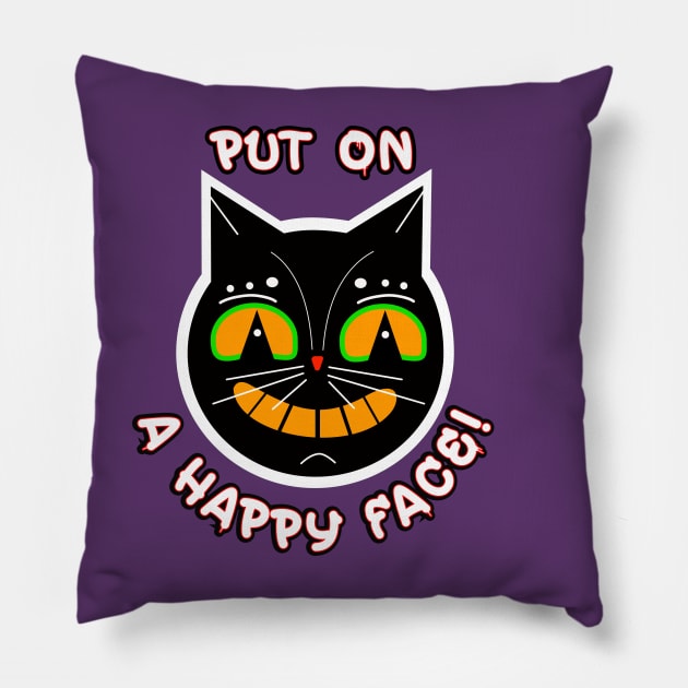 Vintage Halloween black Cat Pillow by Overcast Studio