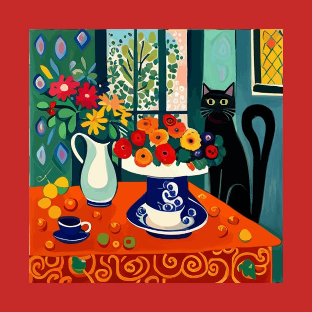 Black Cat with Flowers in a White Vase by bragova