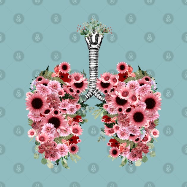 Lungs with pink daisy  flowers, lungs cancer, respiratory therapist by Collagedream