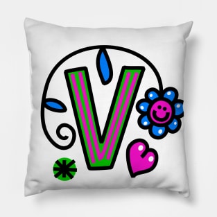 Letter V abc monogram hand drawn colorful alphabet Pillow