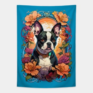 Cute French Bulldog puppy retro vintage floral design Tapestry